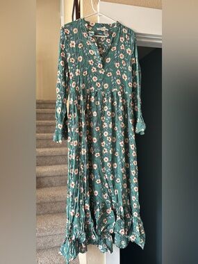 Anthropologie Teal Green Floral Long-Sleeve Maxi Dress